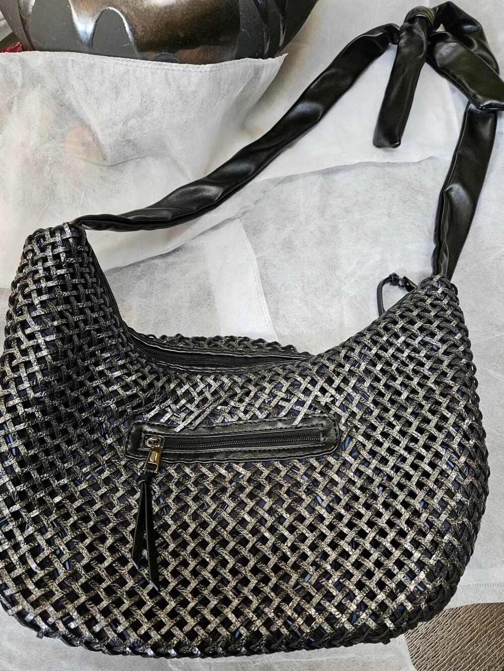 Sondra Roberts Squared Woven Metallic Hobo Bag Slouchy Shoulder Purse Black